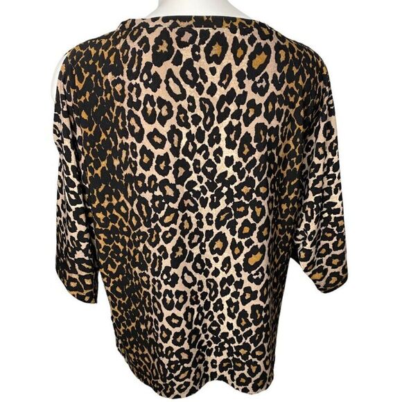 RACHEL ROY Brown Black Leopard Print Split Dolman Sleeve Stretch Top Sz Small - Picture 3 of 9